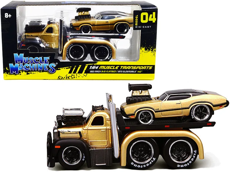 1953 Mack B-61 Flatbed Truck Gold and 1970 Oldsmobile 442 Gold