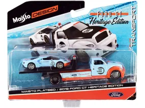 2019 Ford GT #9 Heritage Edition with Flatbed Truck Light Blue