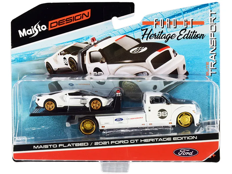 2021 Ford GT #98 Heritage Edition with Flatbed Truck White and