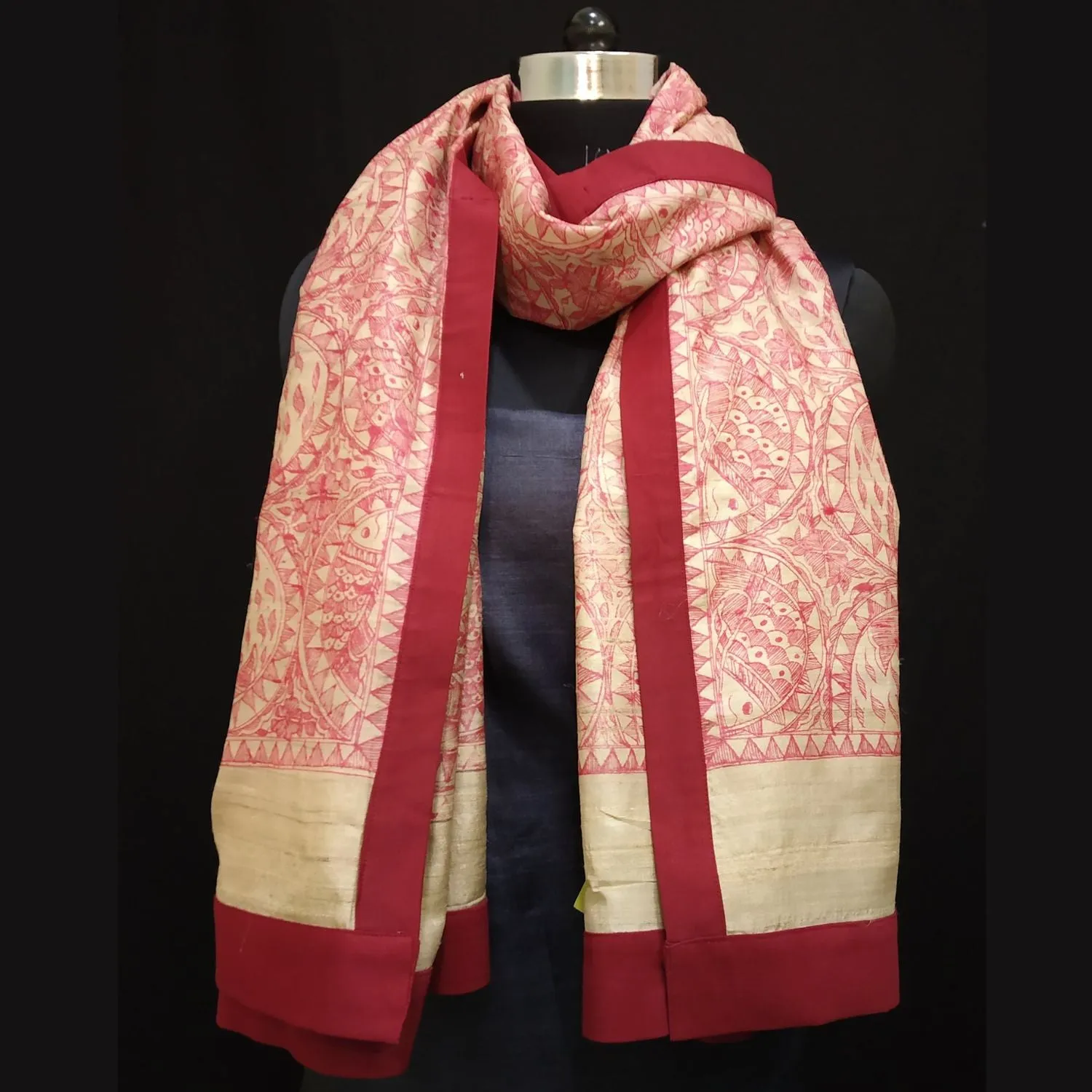 Aaoka Madhubani Painted Tussar Dupatta | Graceful | Artistic | Red & Beige