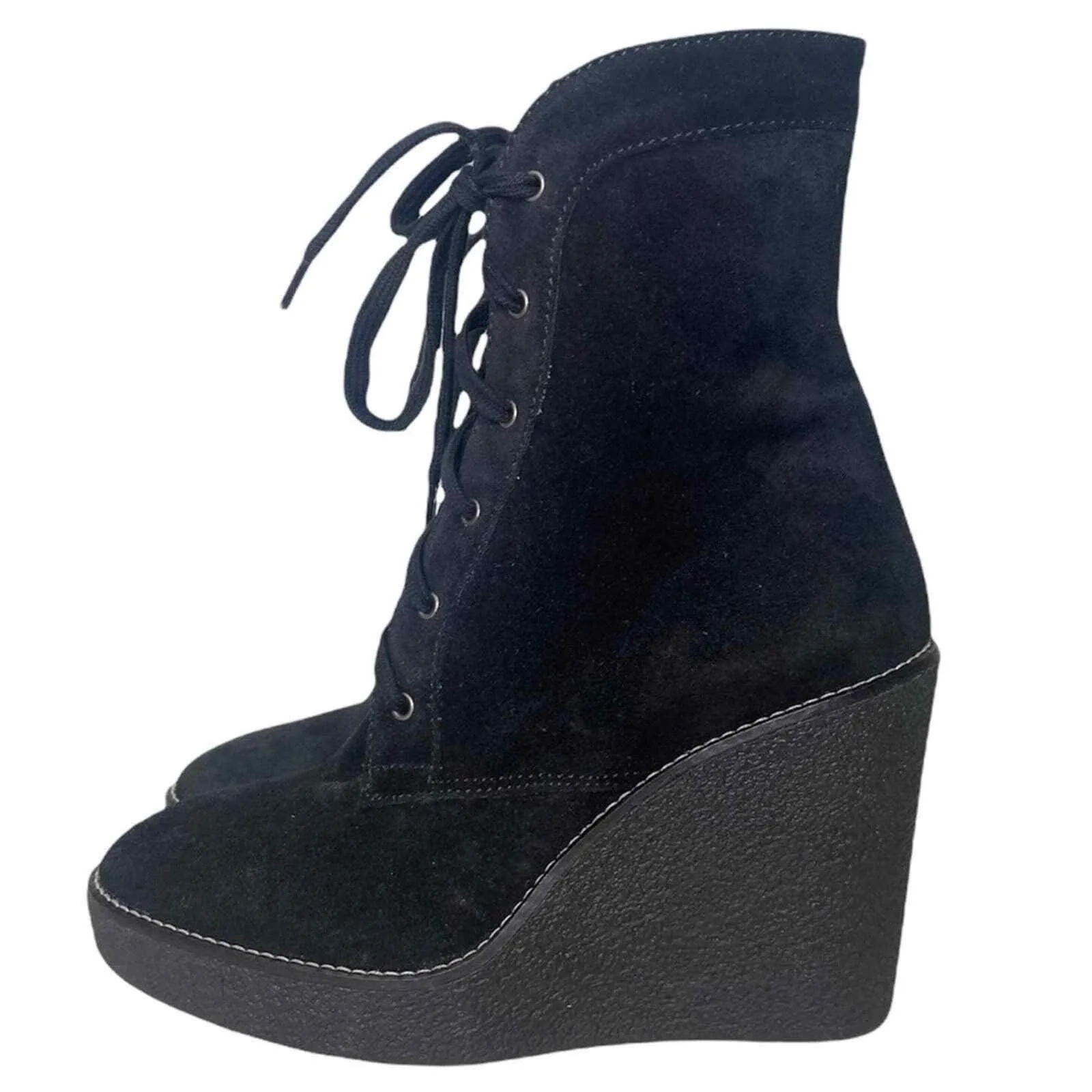 Aquatalia Black Suede Tall Ankle Wedge Lace Up Boots Size 6