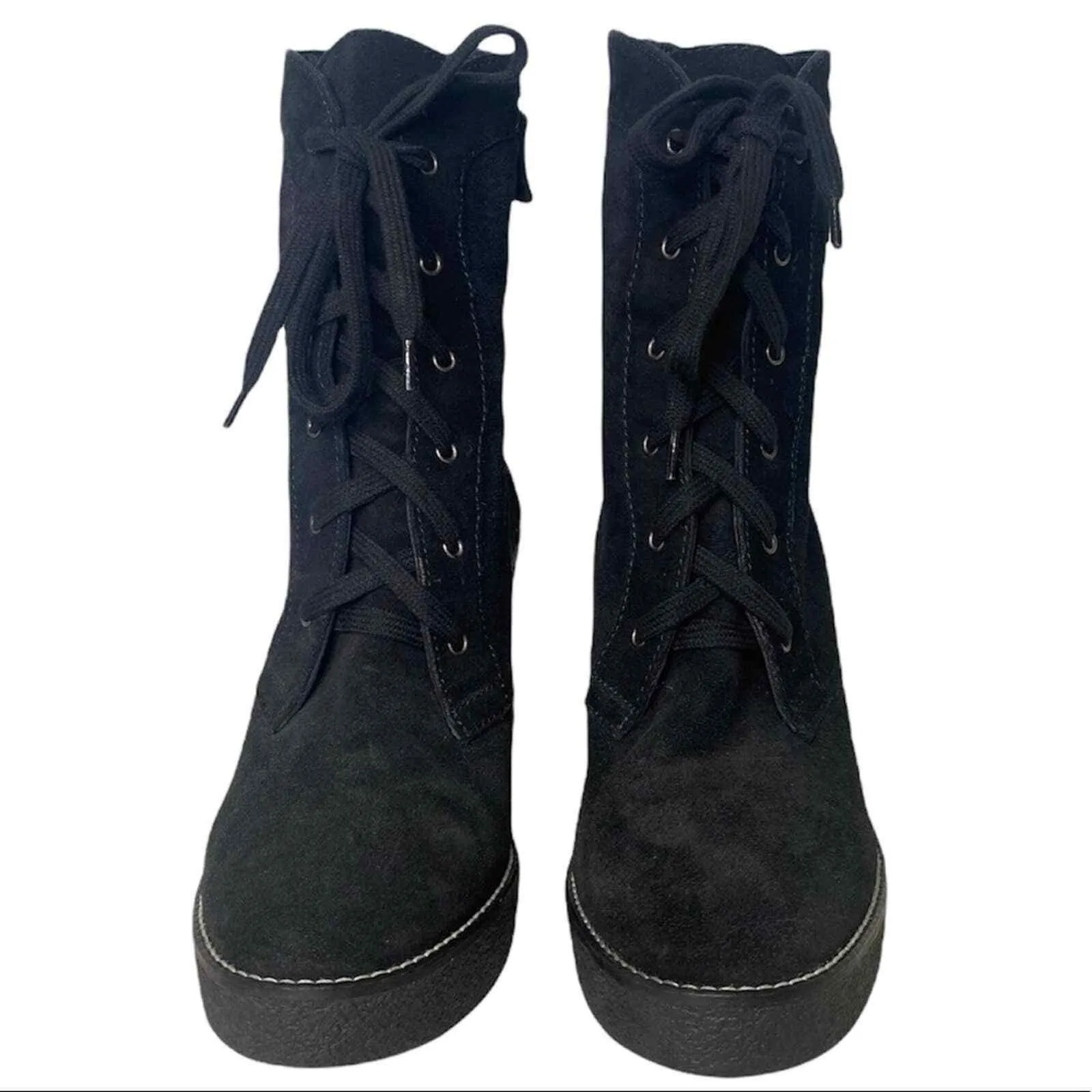 Aquatalia Black Suede Tall Ankle Wedge Lace Up Boots Size 6