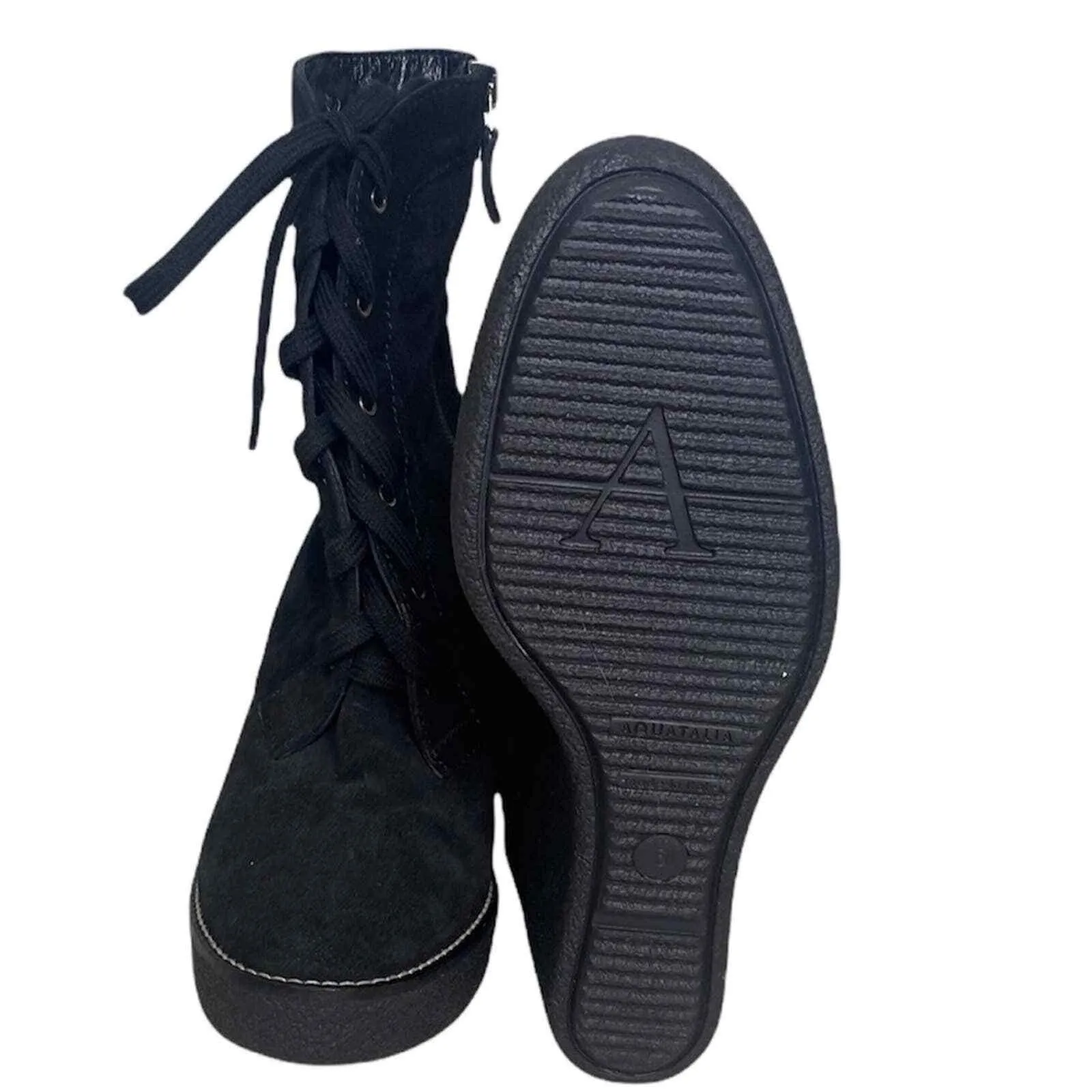 Aquatalia Black Suede Tall Ankle Wedge Lace Up Boots Size 6