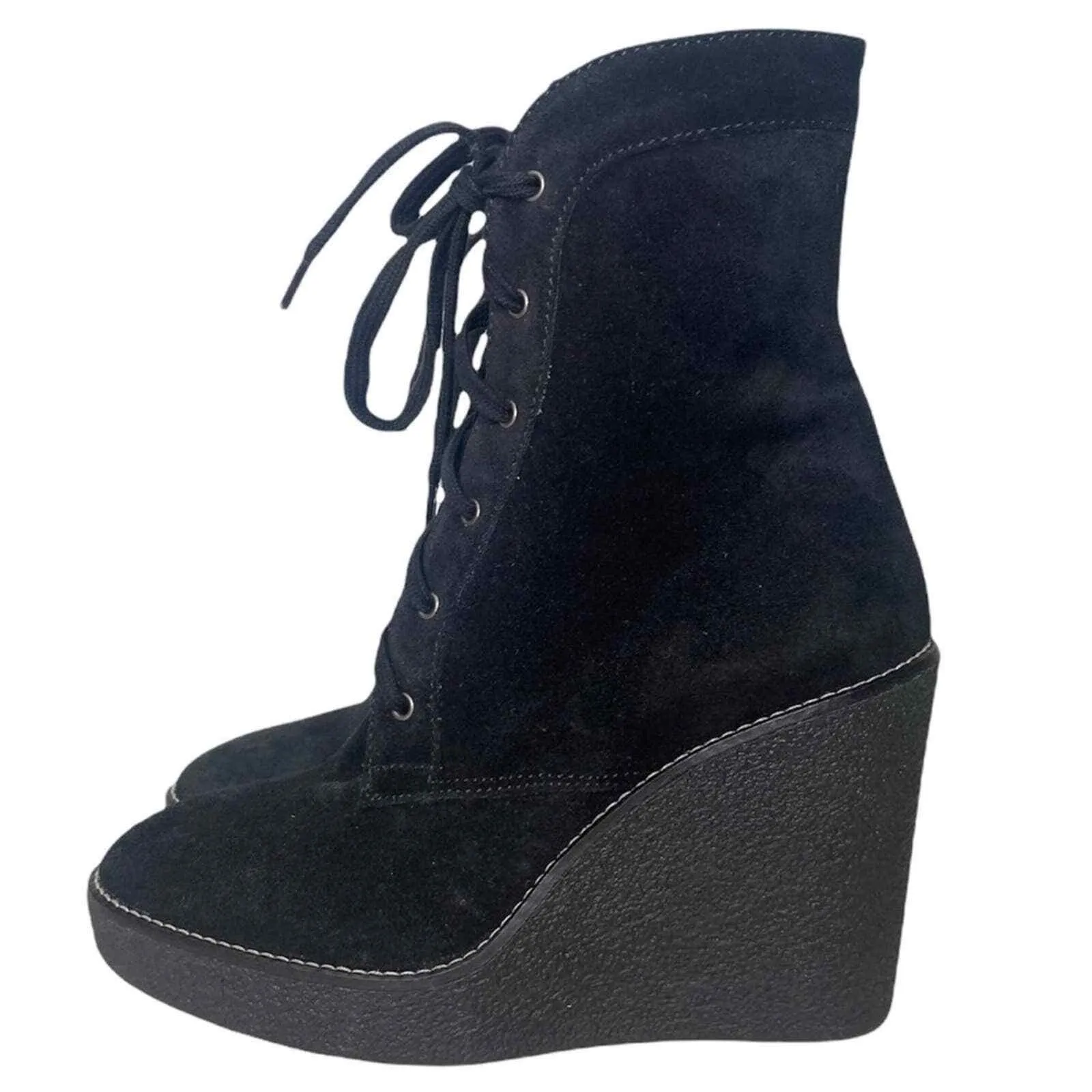 Aquatalia Black Suede Tall Ankle Wedge Lace Up Boots Size 6