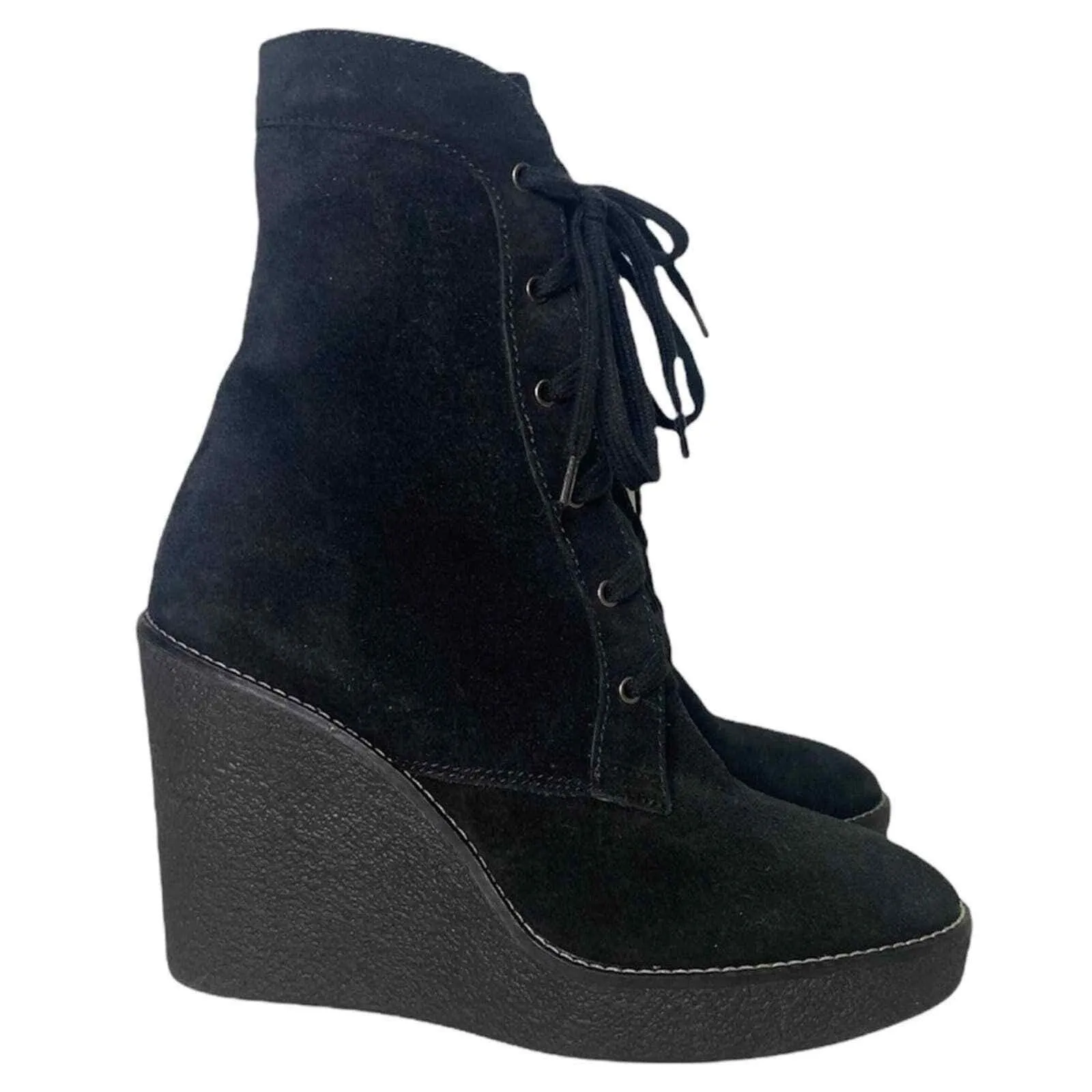 Aquatalia Black Suede Tall Ankle Wedge Lace Up Boots Size 6