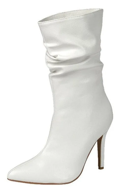 Ava Faux Leather Ruched High Heel Booties - White