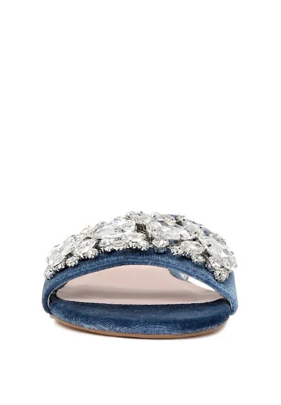 Blue Crystal Embellished Flat Sandals