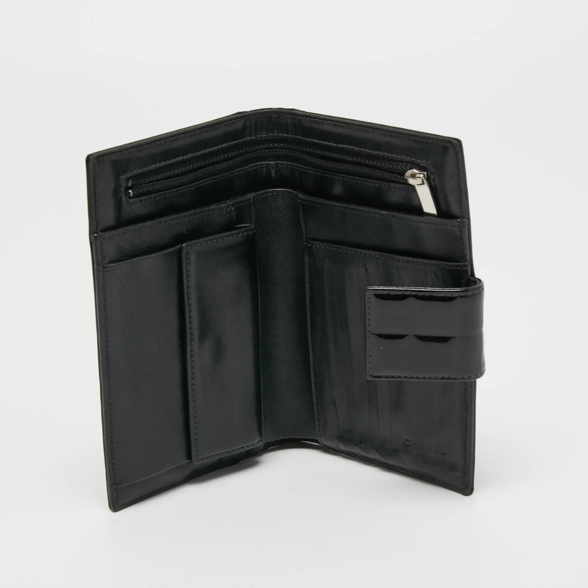 Chanel Black Cube Quilted Patent Leather Bifold Wallet