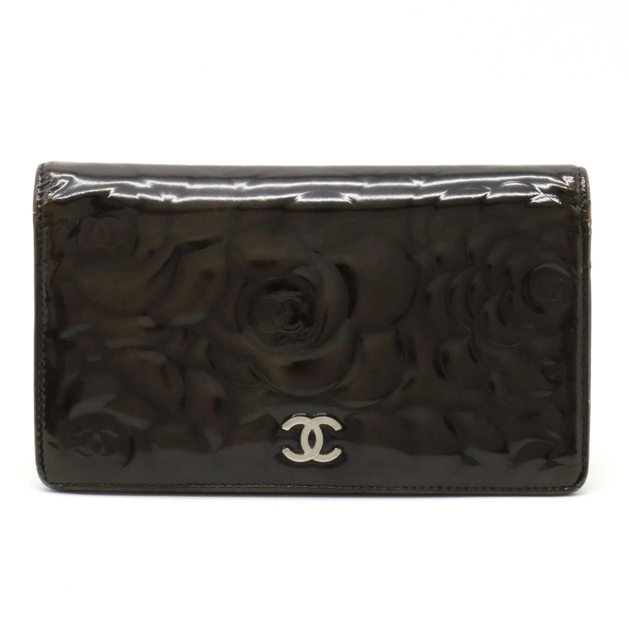 CHANEL Camellia Motif Here Mark Bifold Patent Leather Enamel Black A36544