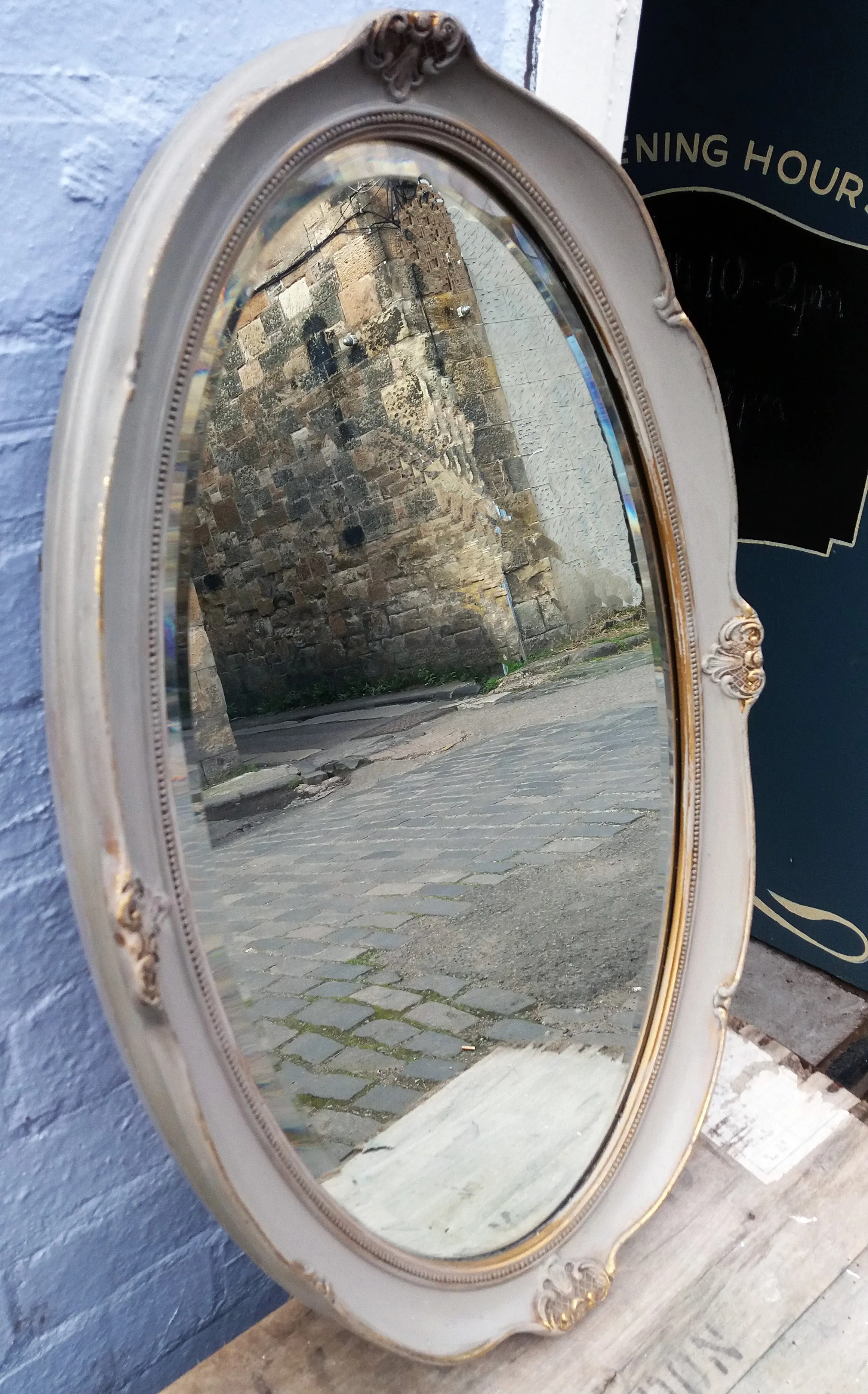 Gorgeous Vintage oval gilt mirror painted in miss mustard seed milk paint schloss.