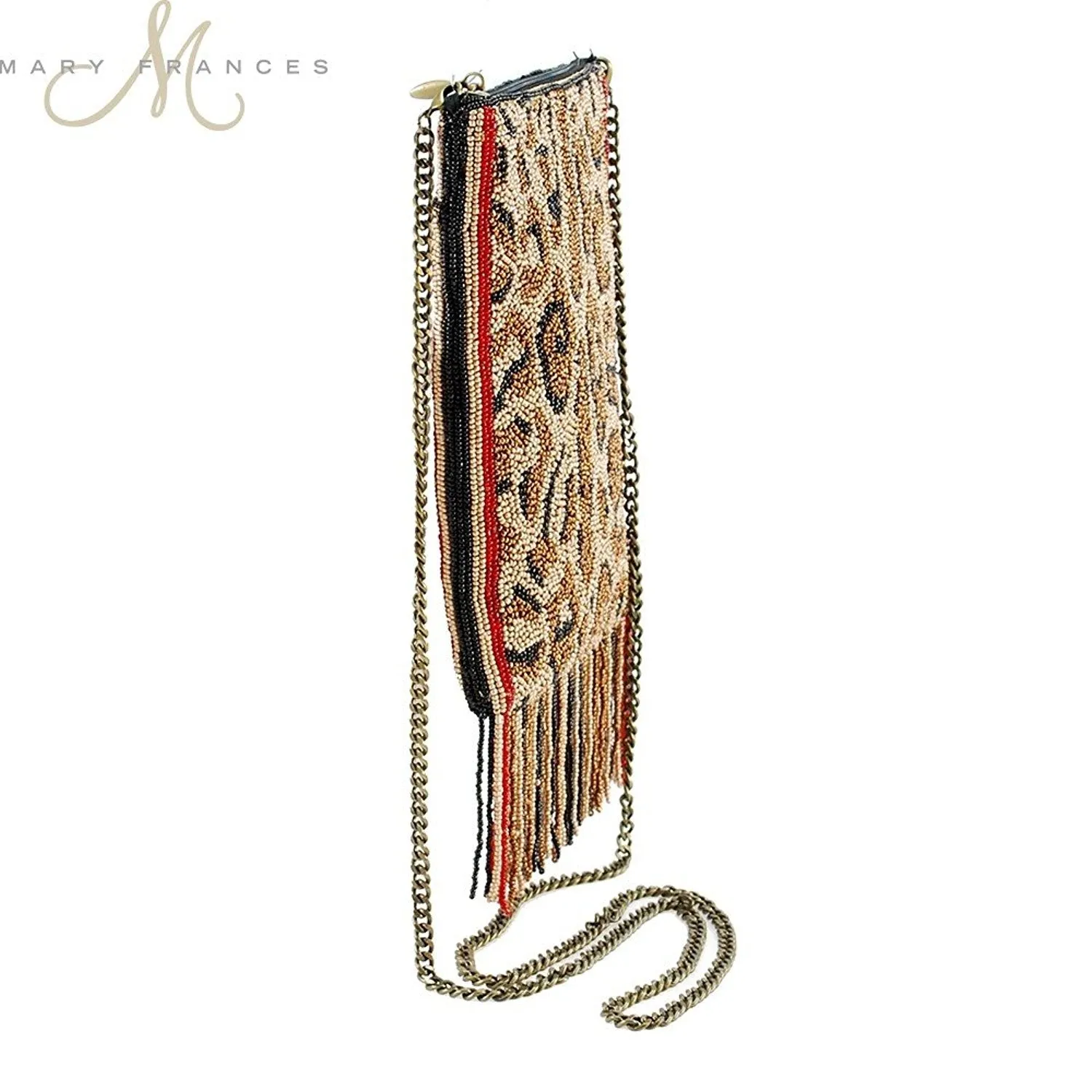 MARY FRANCES Cat Walk Beaded Animal Print Mini Cross-body Zip Top Fringe Handbag