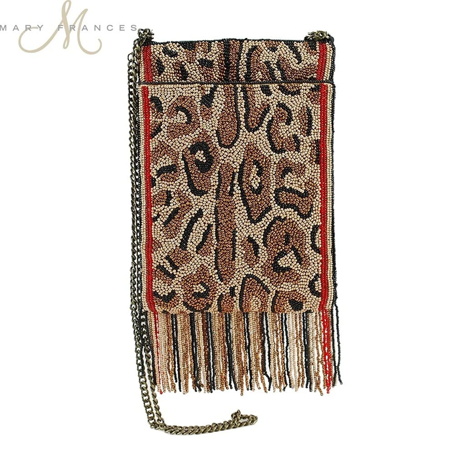 MARY FRANCES Cat Walk Beaded Animal Print Mini Cross-body Zip Top Fringe Handbag