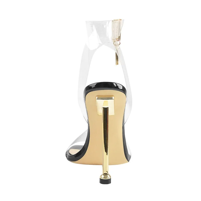 Peep Toe Metal PVC Cross-Tied Lock Metal Heel Sandals