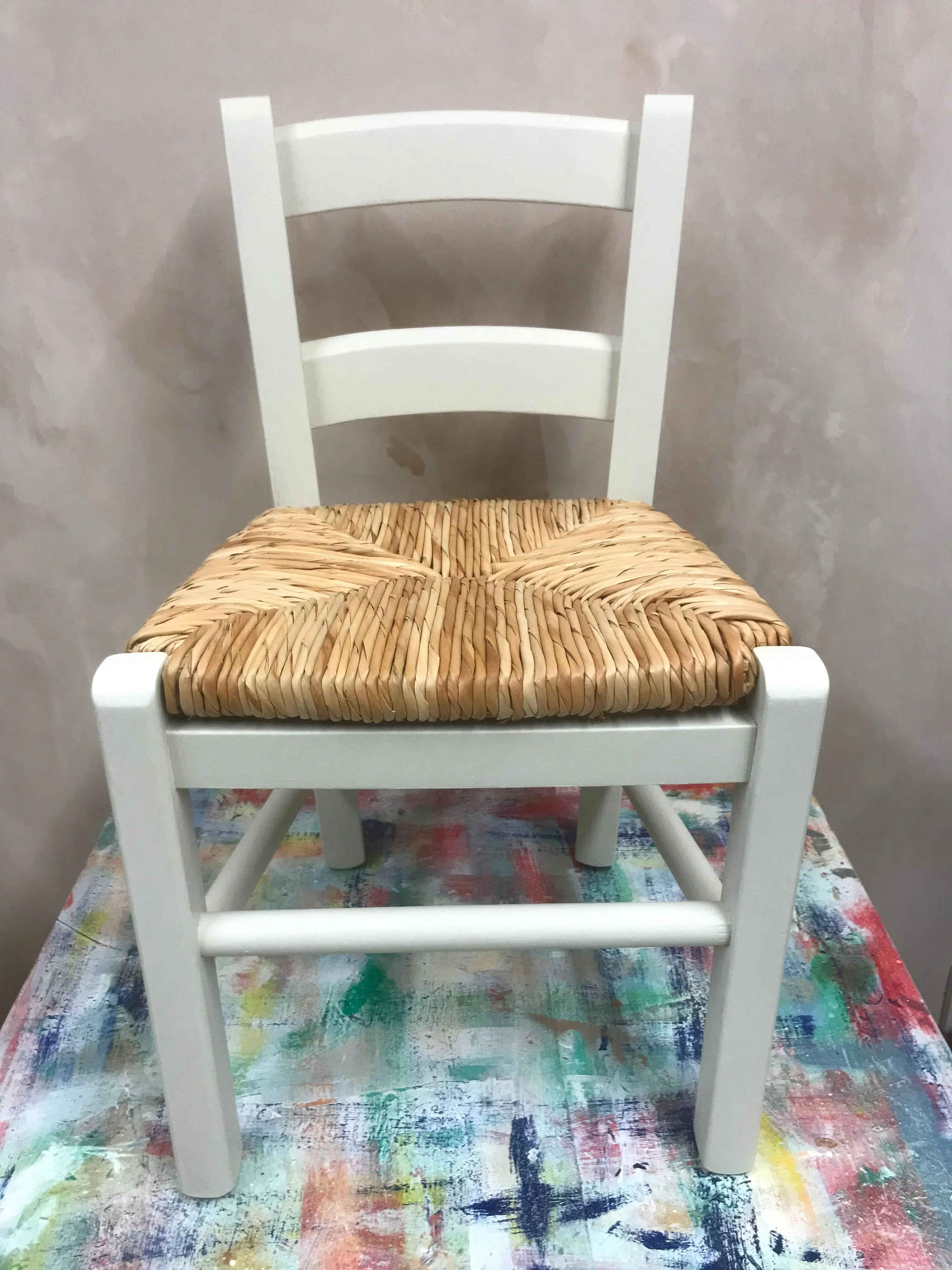 Plain wooden rush seat children's chair available raw to be painted by you or hand painted from the colour chart provided.