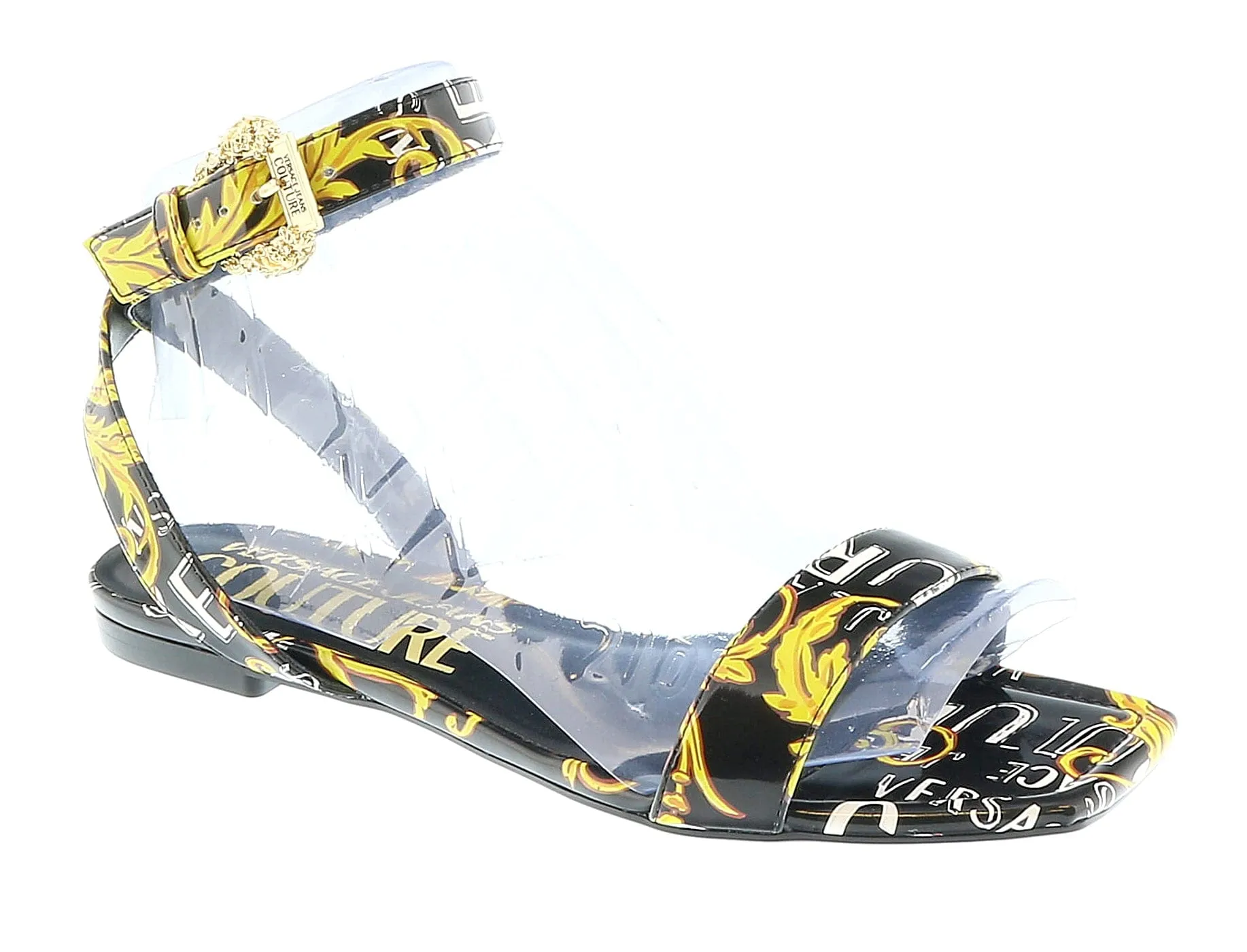 Versace Jeans Couture Black Gold Logo Baroque Flat Sandals-