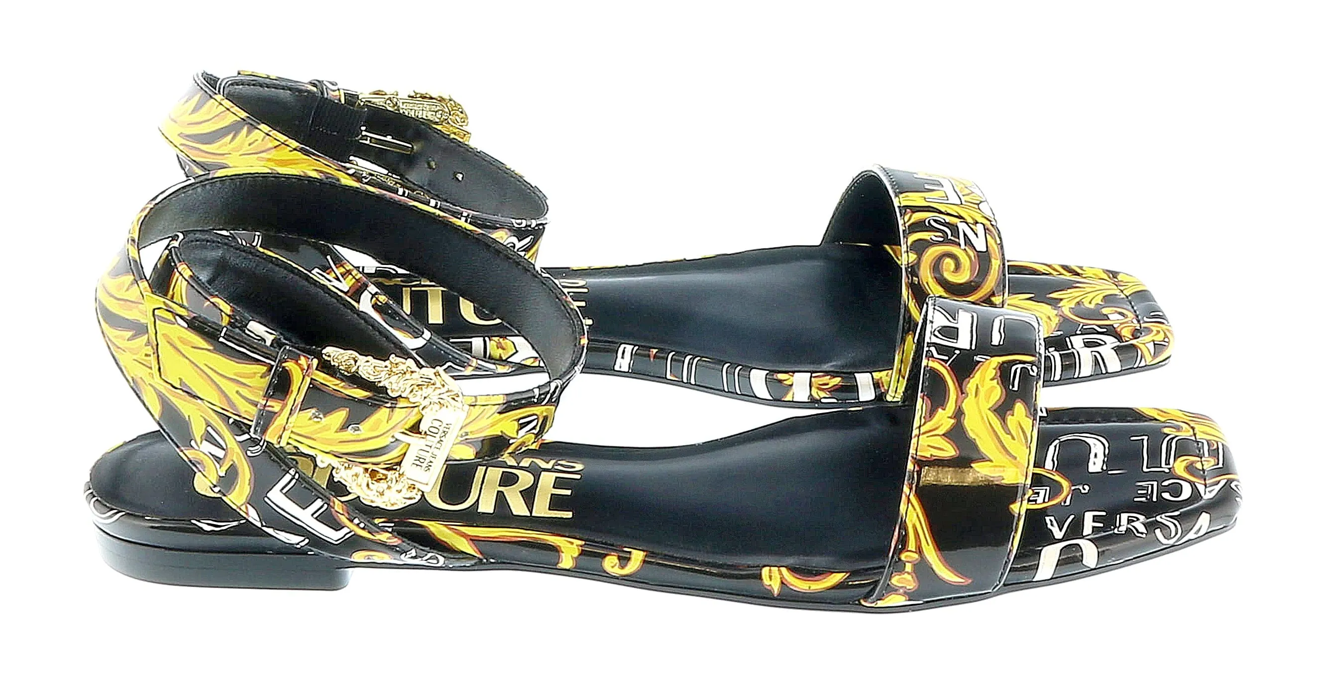 Versace Jeans Couture Black Gold Logo Baroque Flat Sandals-