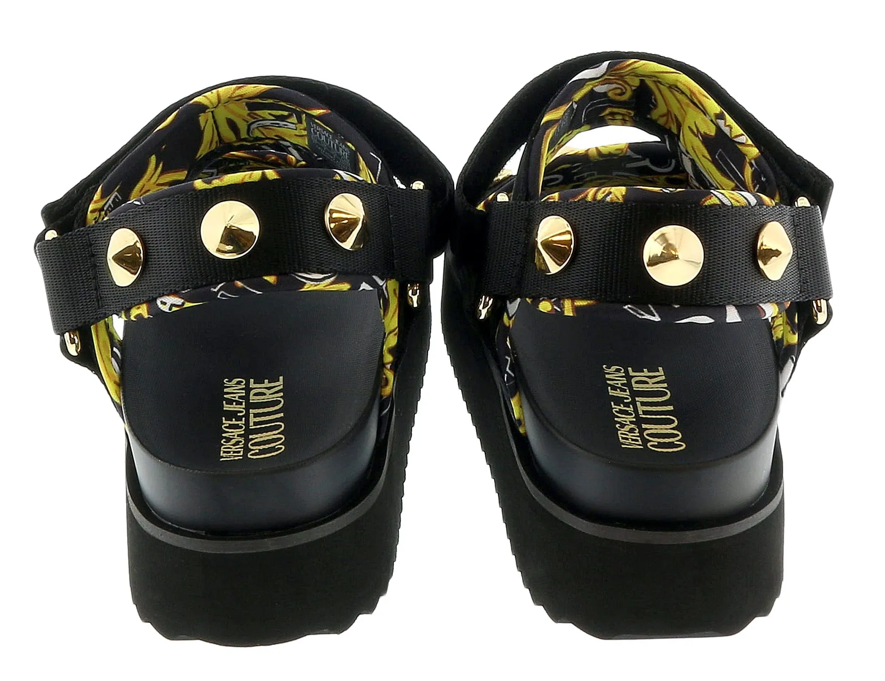 Versace Jeans Couture Black Gold Print Platform Trek Sandals-