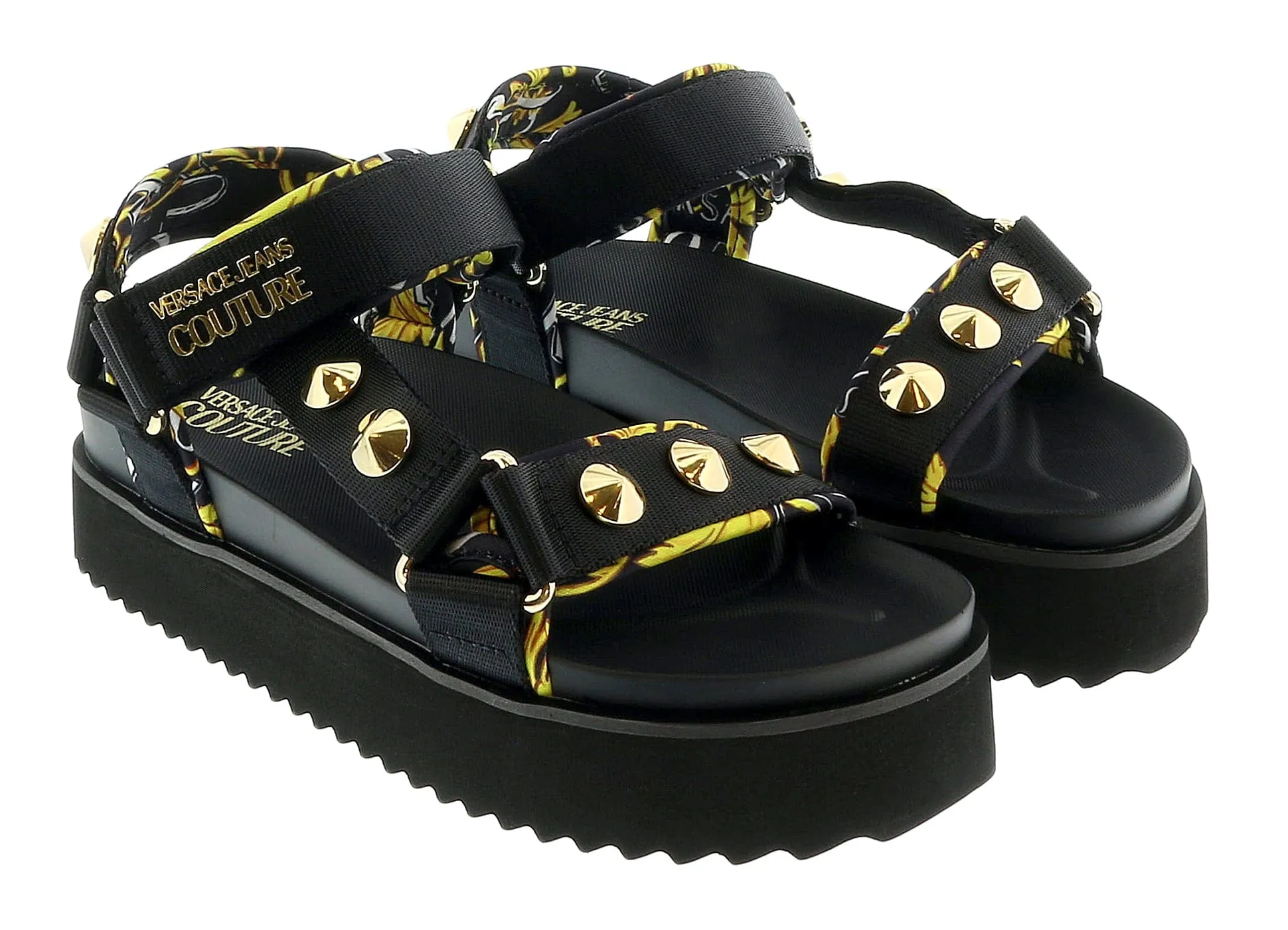 Versace Jeans Couture Black Gold Print Platform Trek Sandals-