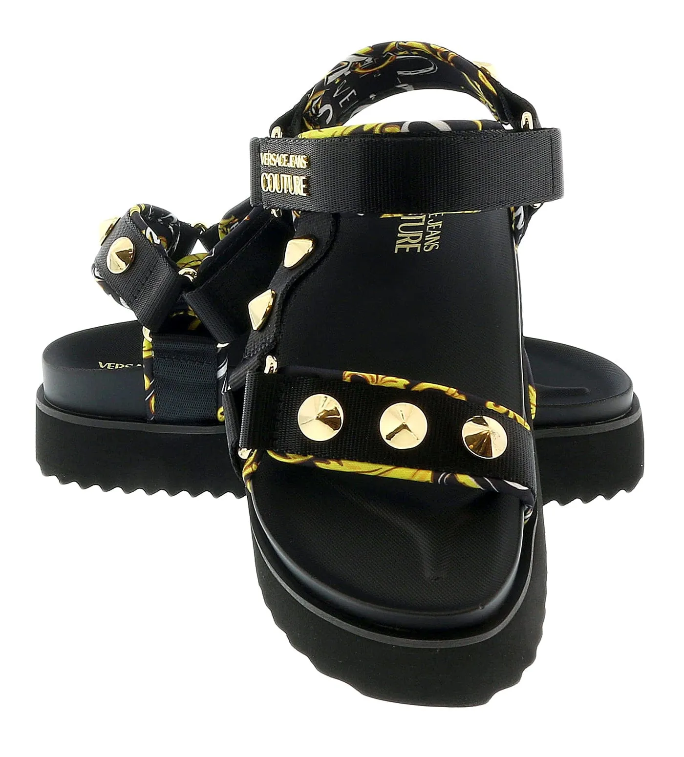 Versace Jeans Couture Black Gold Print Platform Trek Sandals-