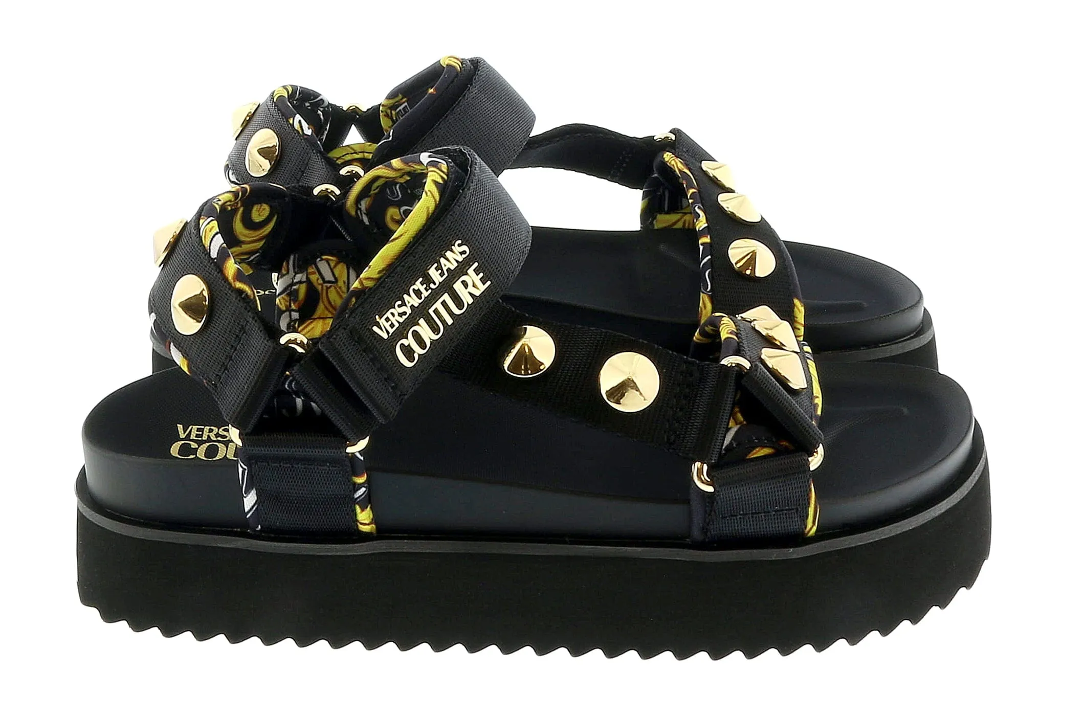 Versace Jeans Couture Black Gold Print Platform Trek Sandals-