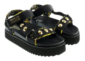 Versace Jeans Couture Black Gold Print Platform Trek Sandals-