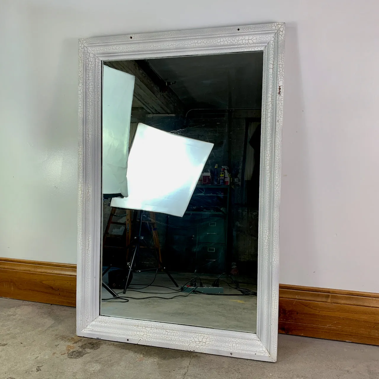 Wall Mirror, Wood Frame, White Crackle Paint with Gold