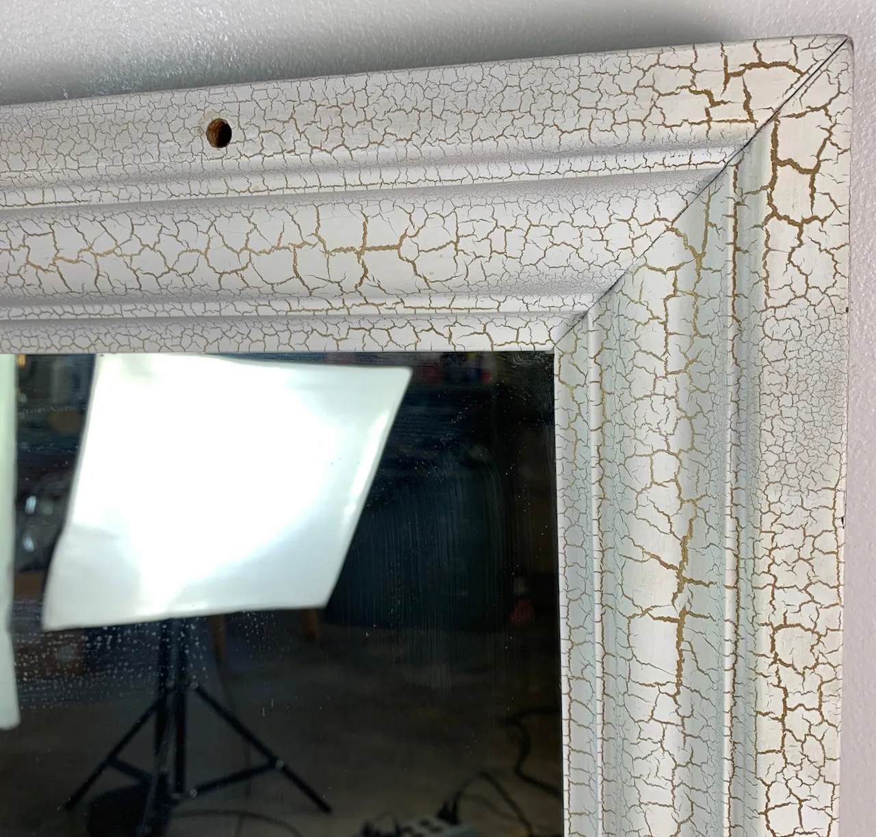 Wall Mirror, Wood Frame, White Crackle Paint with Gold