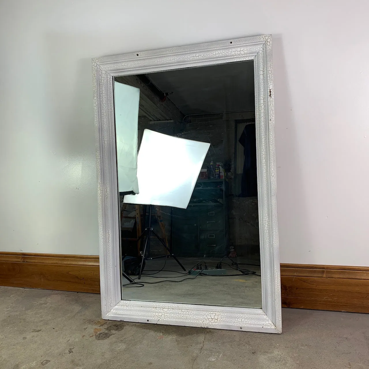 Wall Mirror, Wood Frame, White Crackle Paint with Gold